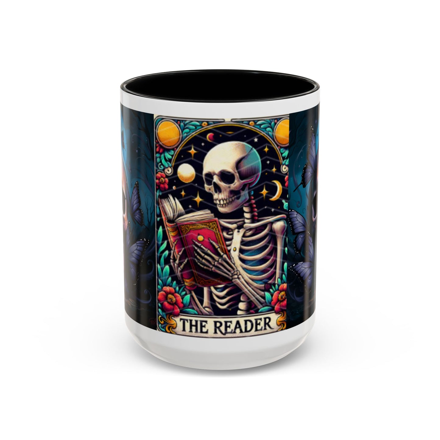Skull and Butterfly Accent Mug - Great for Readers, Book Lovers, Halloween Decor, Gothic Gifts, Cozy Atmosphere