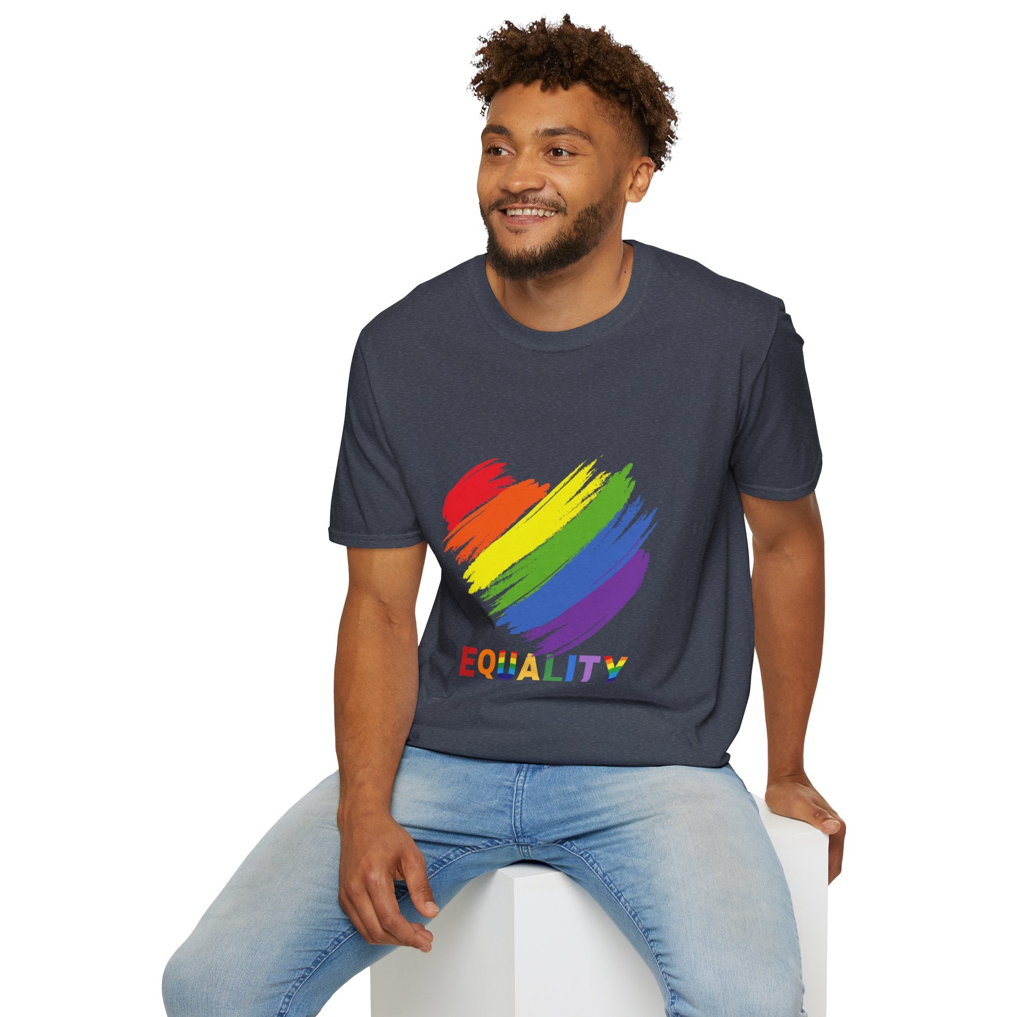Unisex Equality Pride T-Shirt, LGBTQ+ Apparel, Rainbow Heart Tee, Gift for Allies, Softstyle Anniversary Shirt