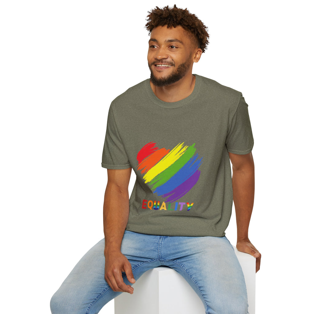 Unisex Equality Pride T-Shirt, LGBTQ+ Apparel, Rainbow Heart Tee, Gift for Allies, Softstyle Anniversary Shirt