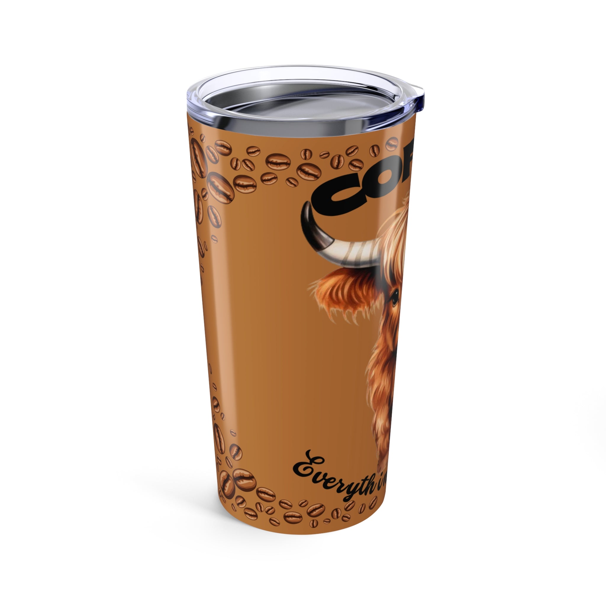 Cute Highland Cow Tumbler Coffee Mug  –   20oz Design, Coffee Beans Pattern