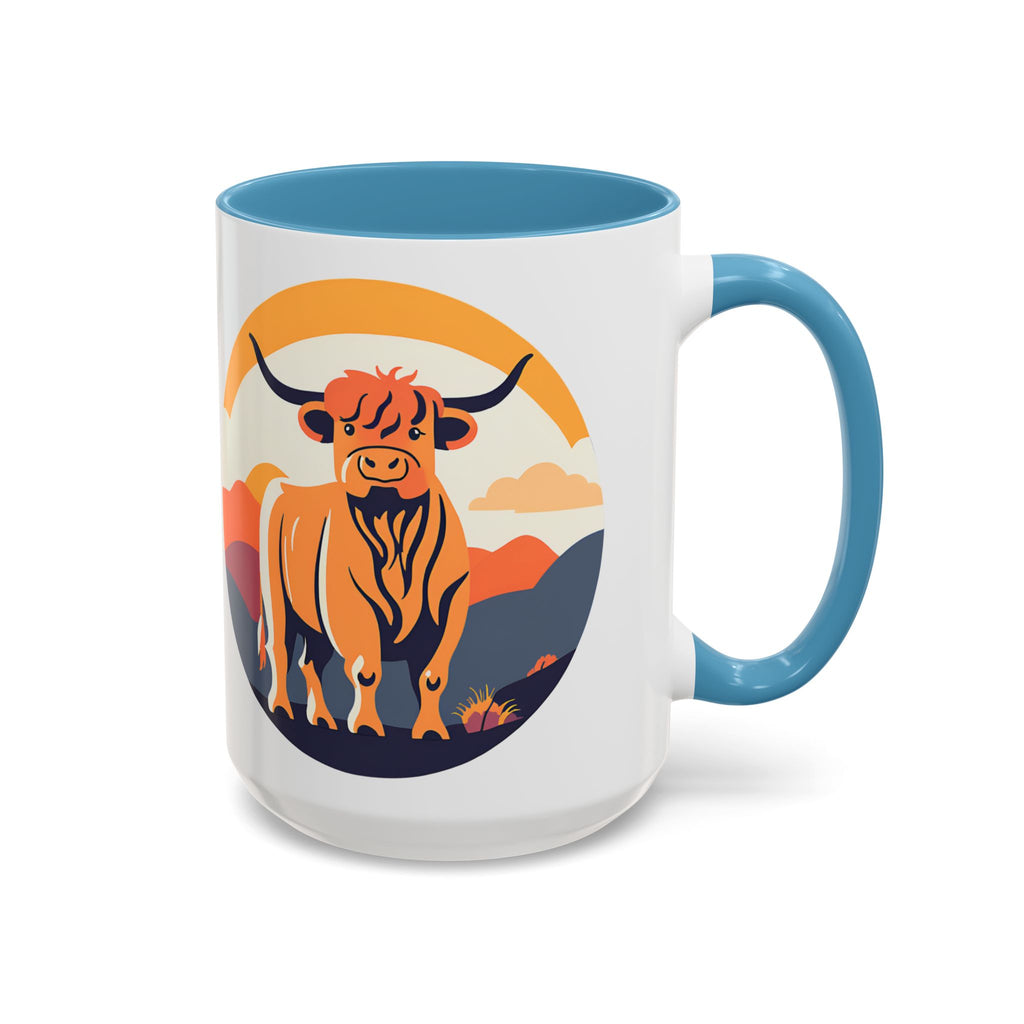 Highland Cow Coffee Mug Retro Sunset Accent 15oz