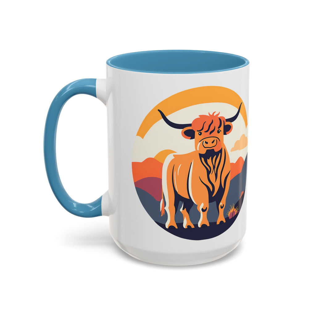 Highland Cow Coffee Mug Retro Sunset Accent 15oz