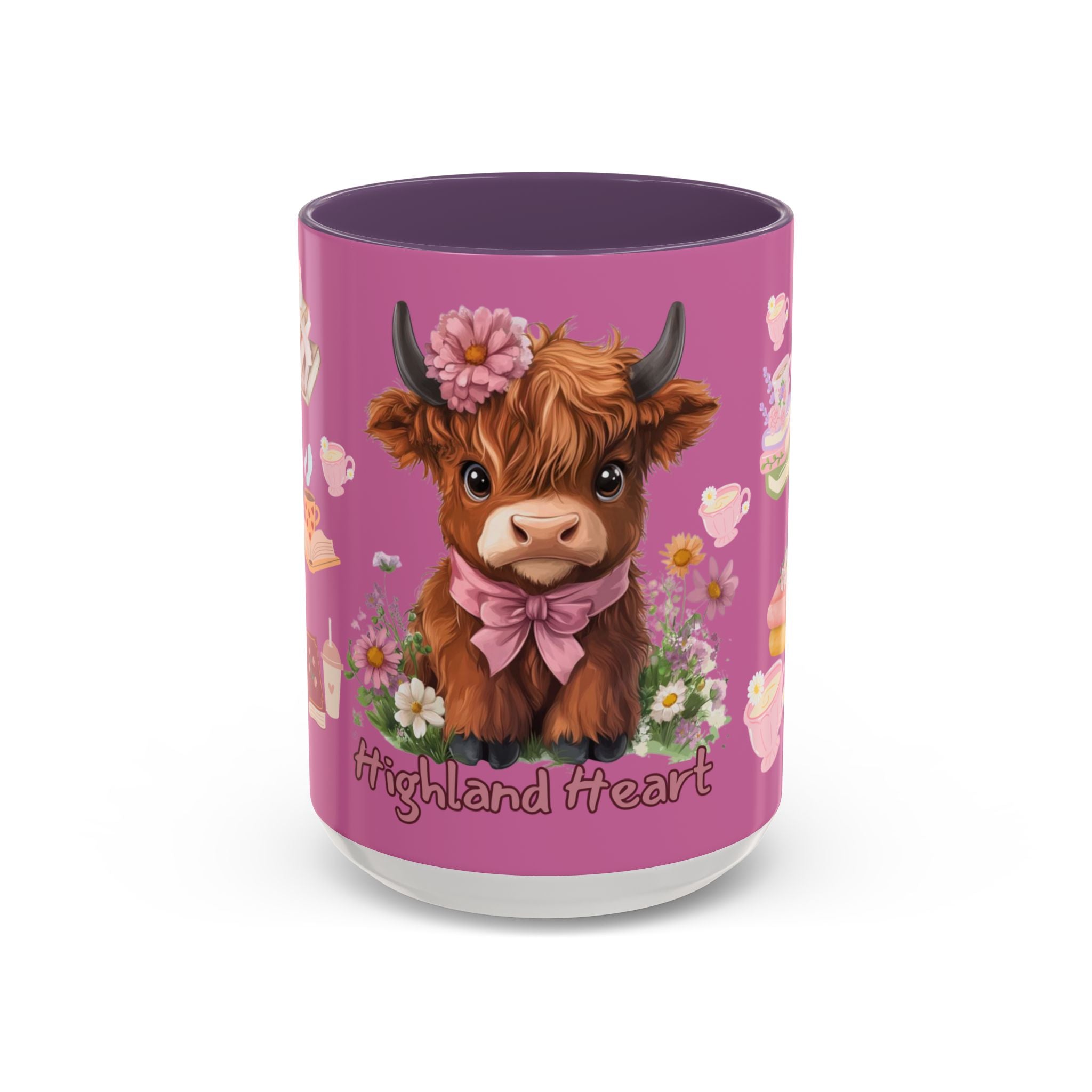 Highland Cow Coffee Mug — Cute Floral Heart Cow Accent Mug (11/15oz)