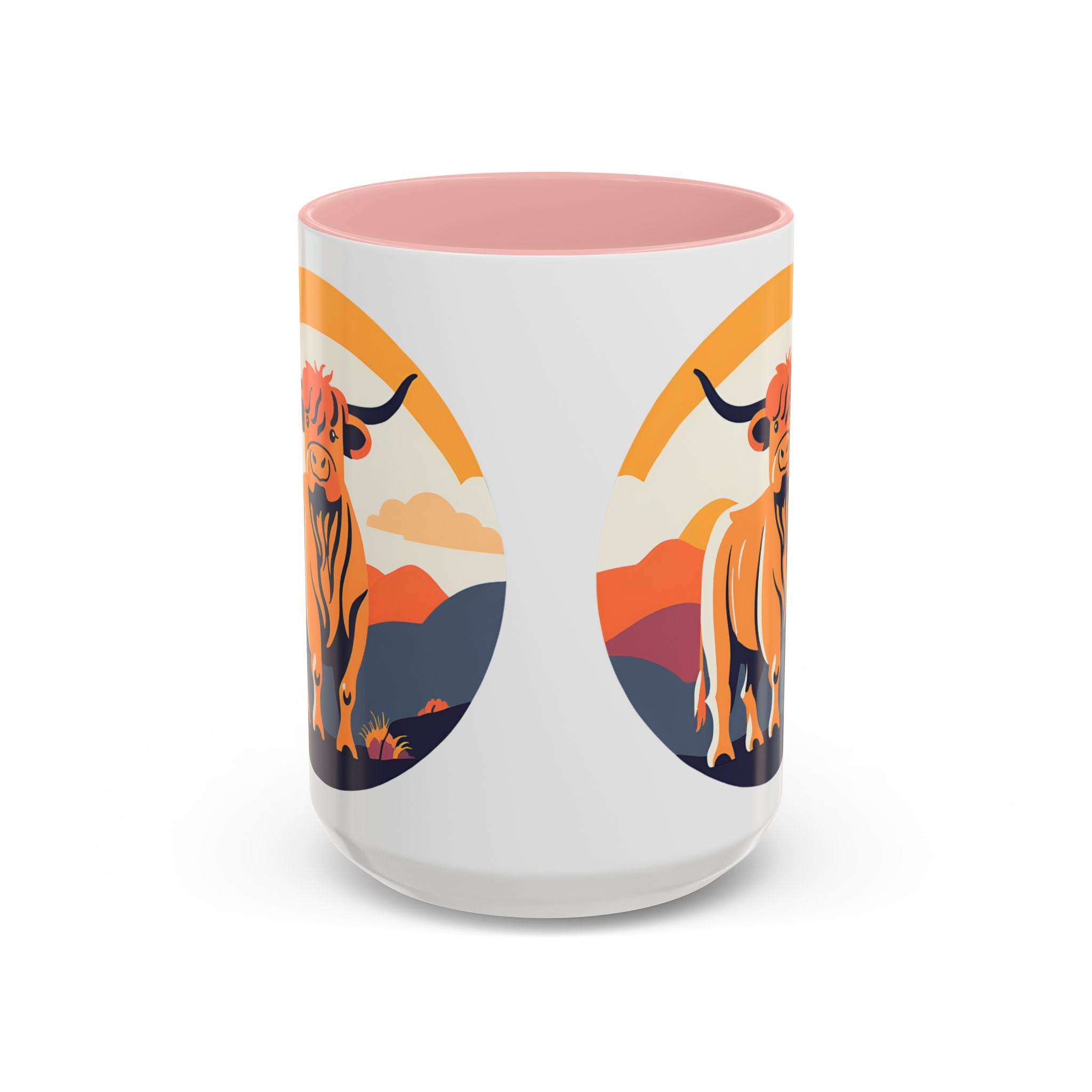 Highland Cow Coffee Mug Retro Sunset Accent 15oz