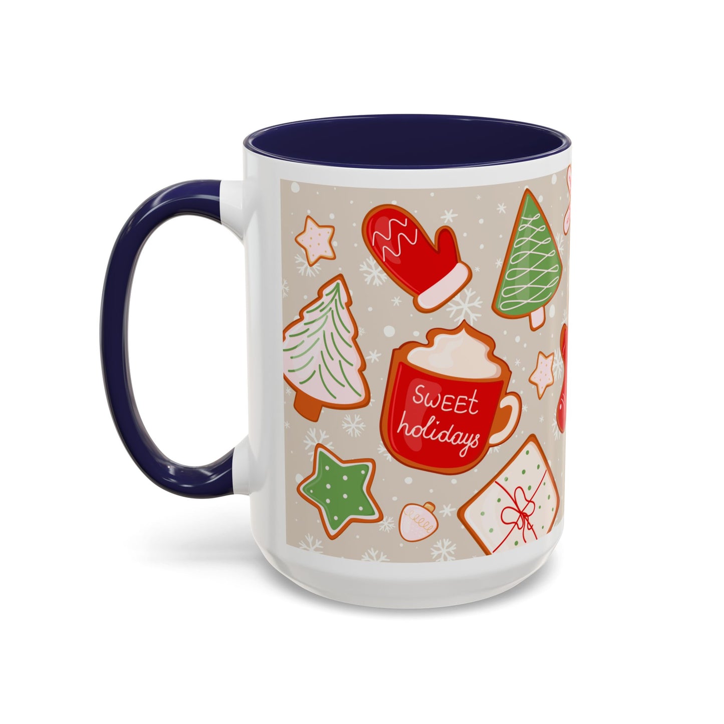 Holiday Cookie Pattern Accent Coffee Mug — Christmas Gingerbread & Ornaments (11/15oz)