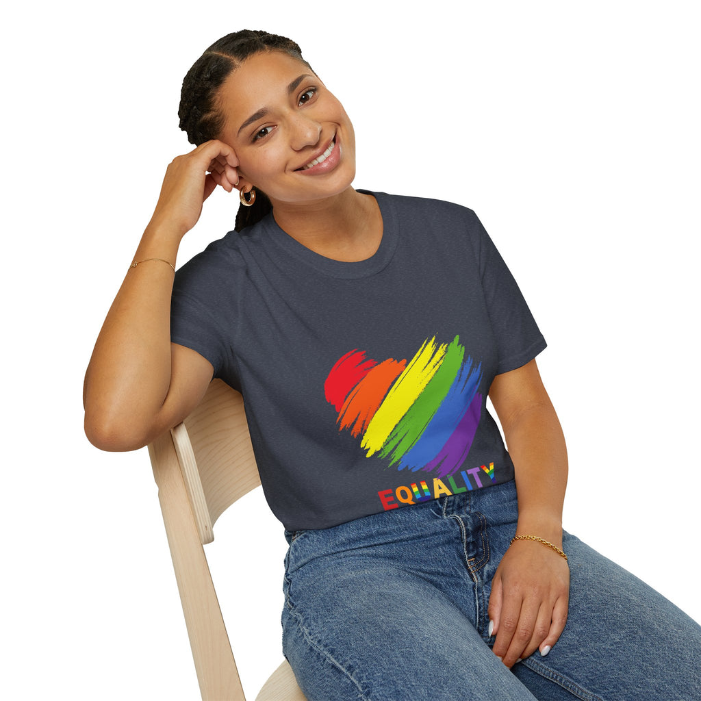 Unisex Equality Pride T-Shirt, LGBTQ+ Apparel, Rainbow Heart Tee, Gift for Allies, Softstyle Anniversary Shirt