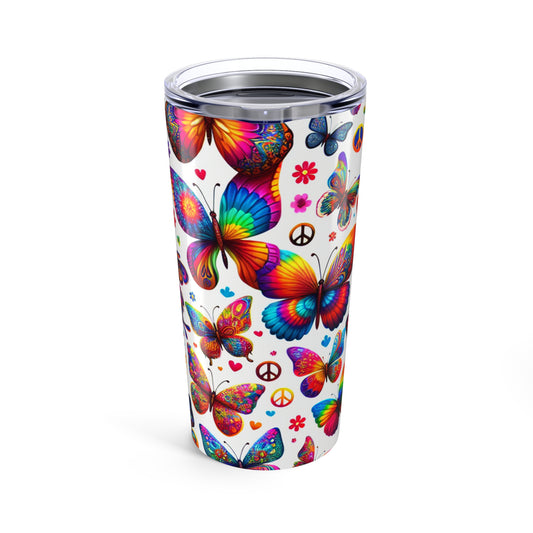 Colorful Butterfly Tumbler | 20oz Travel Mug | Boho Gift | Peace & Love Design | Floral Travel Mug | Summer Drinkware