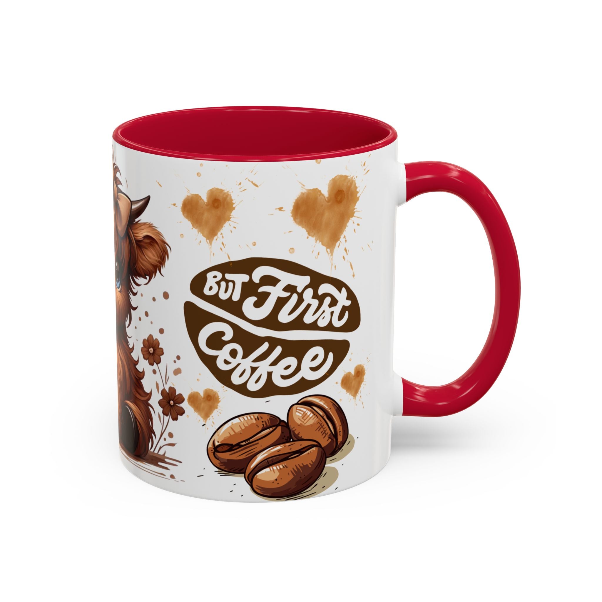 Cute Highland Cow Coffee Mug — "But First Coffee" Colorful Ceramic Mug (11oz/15oz)