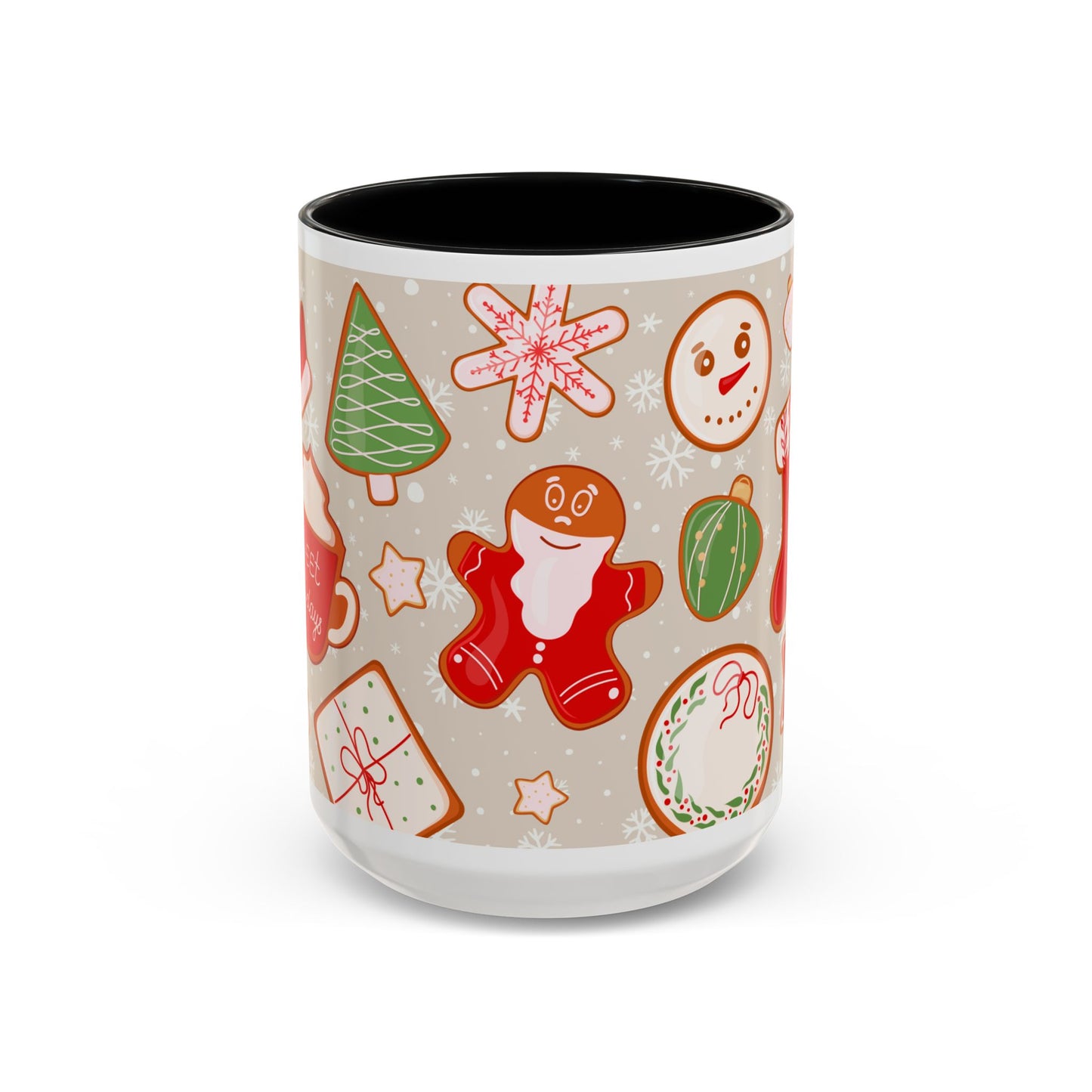 Holiday Cookie Pattern Accent Coffee Mug — Christmas Gingerbread & Ornaments (11/15oz)