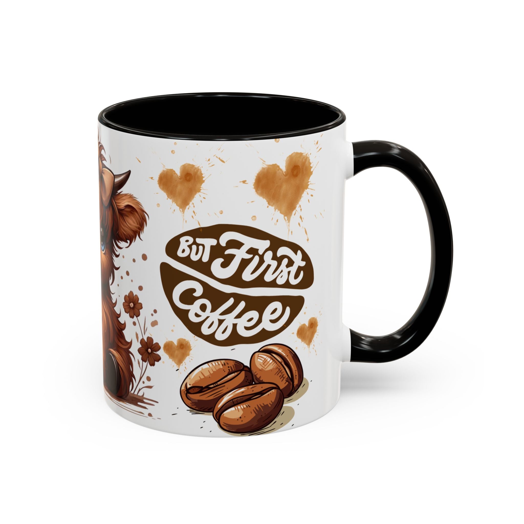 Cute Highland Cow Coffee Mug — "But First Coffee" Colorful Ceramic Mug (11oz/15oz)