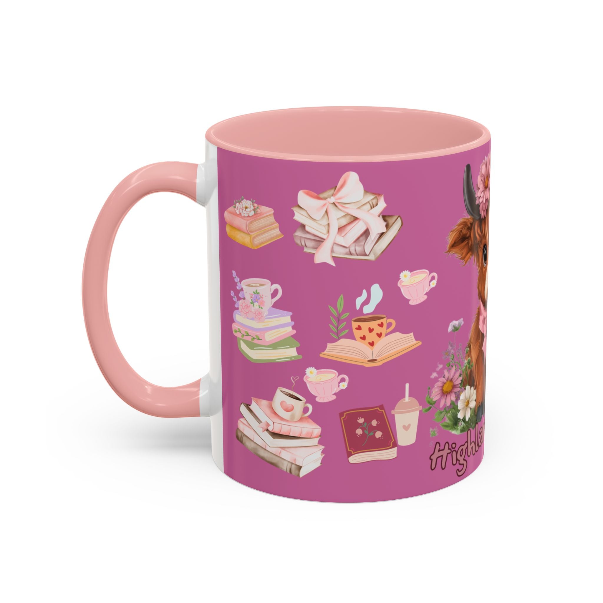 Highland Cow Coffee Mug — Cute Floral Heart Cow Accent Mug (11/15oz)