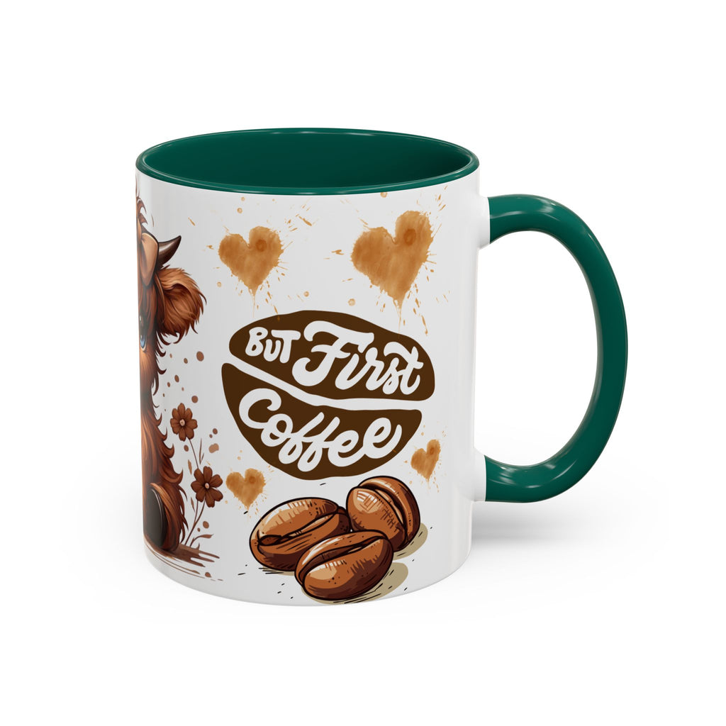 Cute Highland Cow Coffee Mug — "But First Coffee" Colorful Ceramic Mug (11oz/15oz)