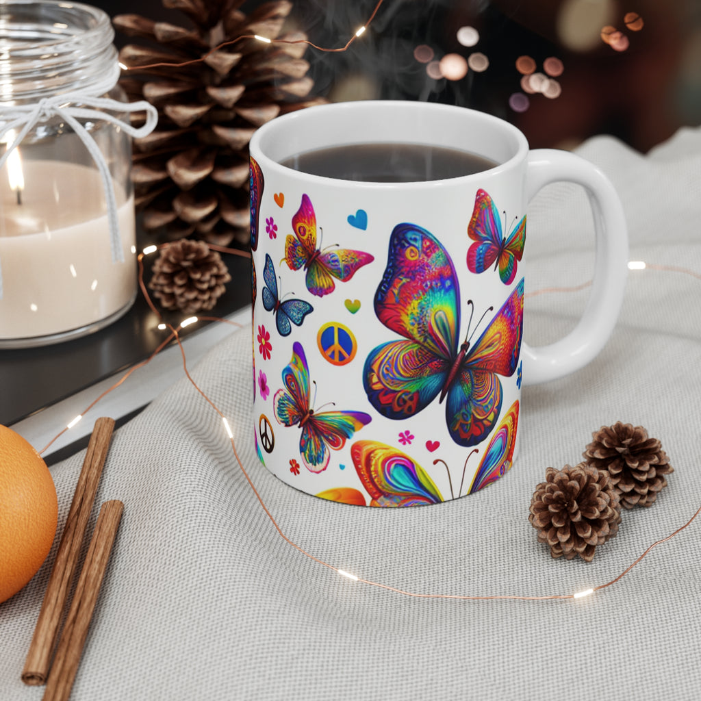 Colorful Butterfly Mug, Bohemian Coffee Cup, Peace and Love Gift, Nature Lover's Mug, Vibrant Tea Mug for Birthdays
