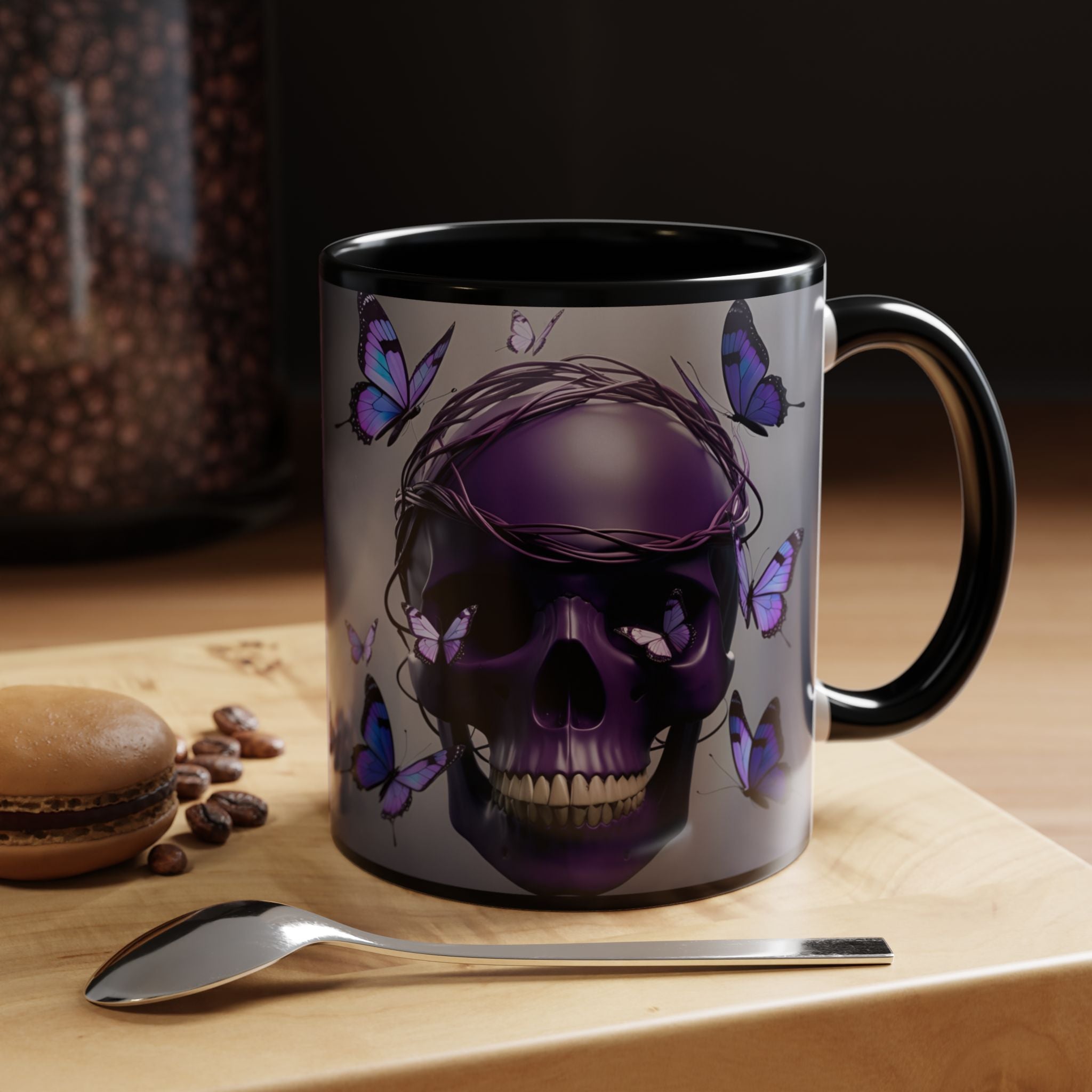 Purple Coffee Cup Gothic Skull & Butterflies Accent Coffee Mug