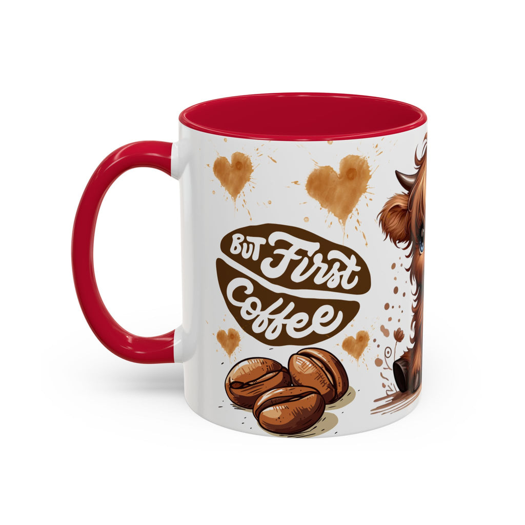 Cute Highland Cow Coffee Mug — "But First Coffee" Colorful Ceramic Mug (11oz/15oz)