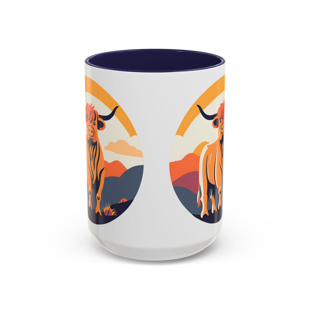 Highland Cow Coffee Mug Retro Sunset Accent 15oz