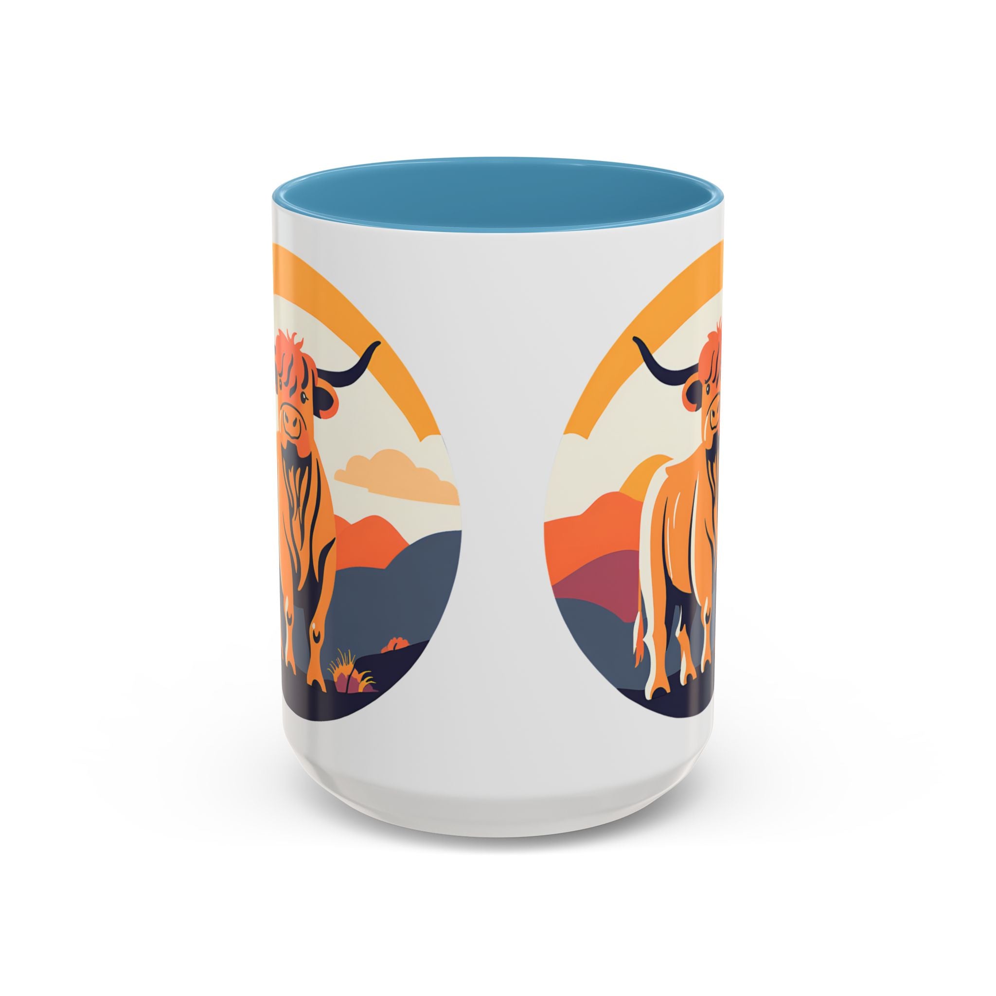 Highland Cow Coffee Mug Retro Sunset Accent 15oz