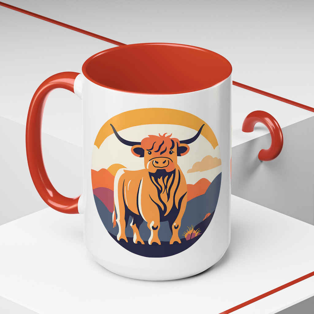 Highland Cow Coffee Mug Retro Sunset Accent 15oz