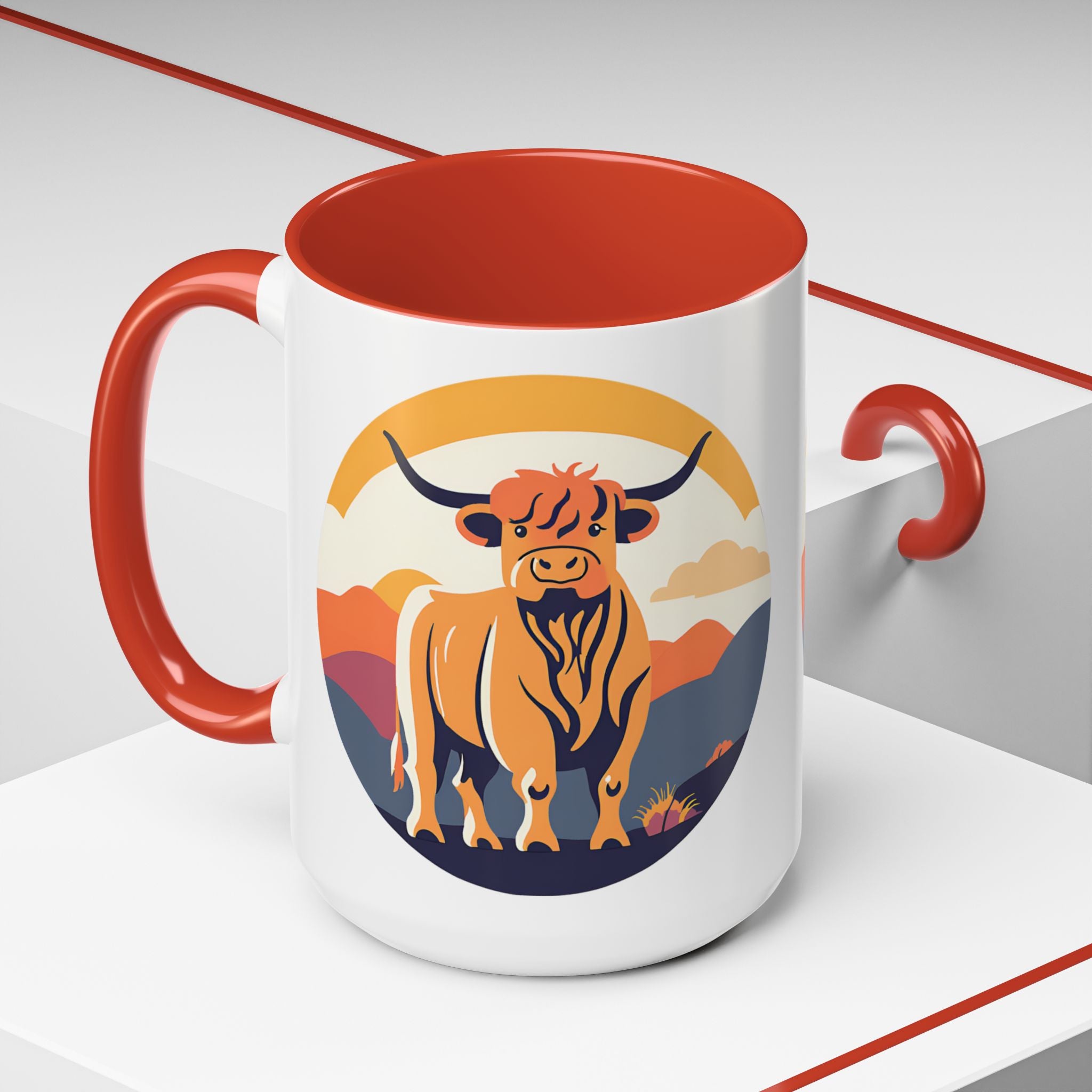 Highland Cow Coffee Mug Retro Sunset Accent 15oz