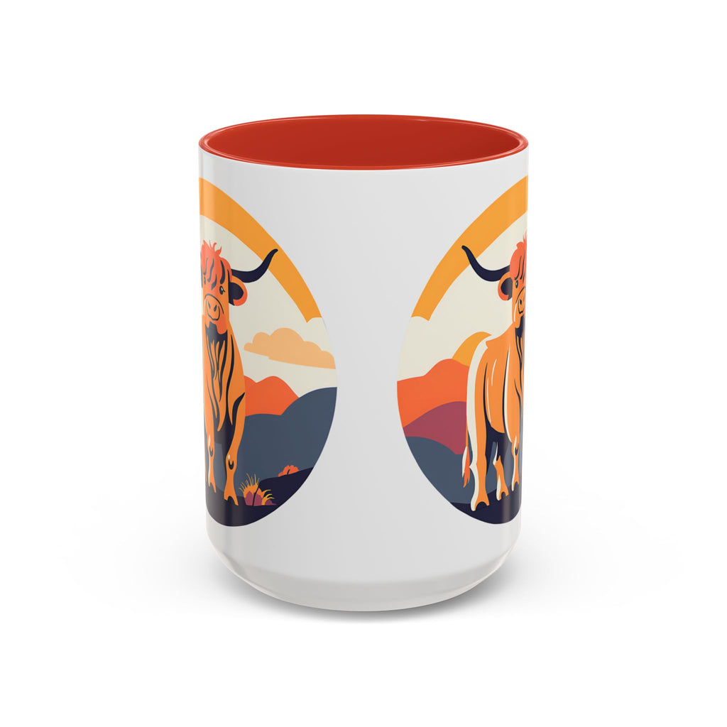 Highland Cow Coffee Mug Retro Sunset Accent 15oz
