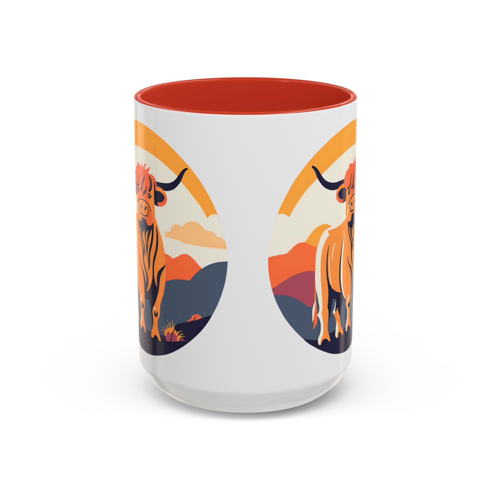 Highland Cow Coffee Mug Retro Sunset Accent 15oz