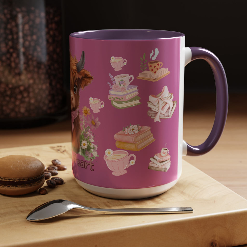 Highland Cow Coffee Mug — Cute Floral Heart Cow Accent Mug (11/15oz)