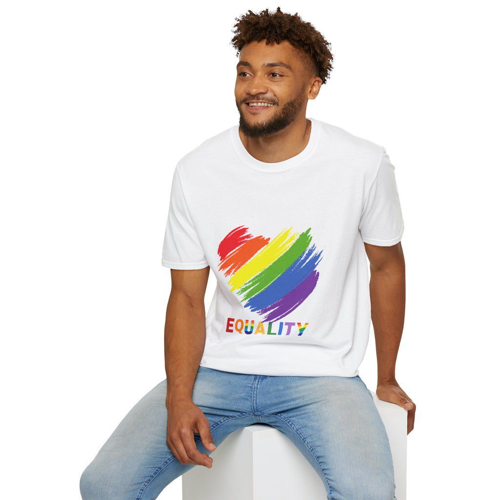 Unisex Equality Pride T-Shirt, LGBTQ+ Apparel, Rainbow Heart Tee, Gift for Allies, Softstyle Anniversary Shirt
