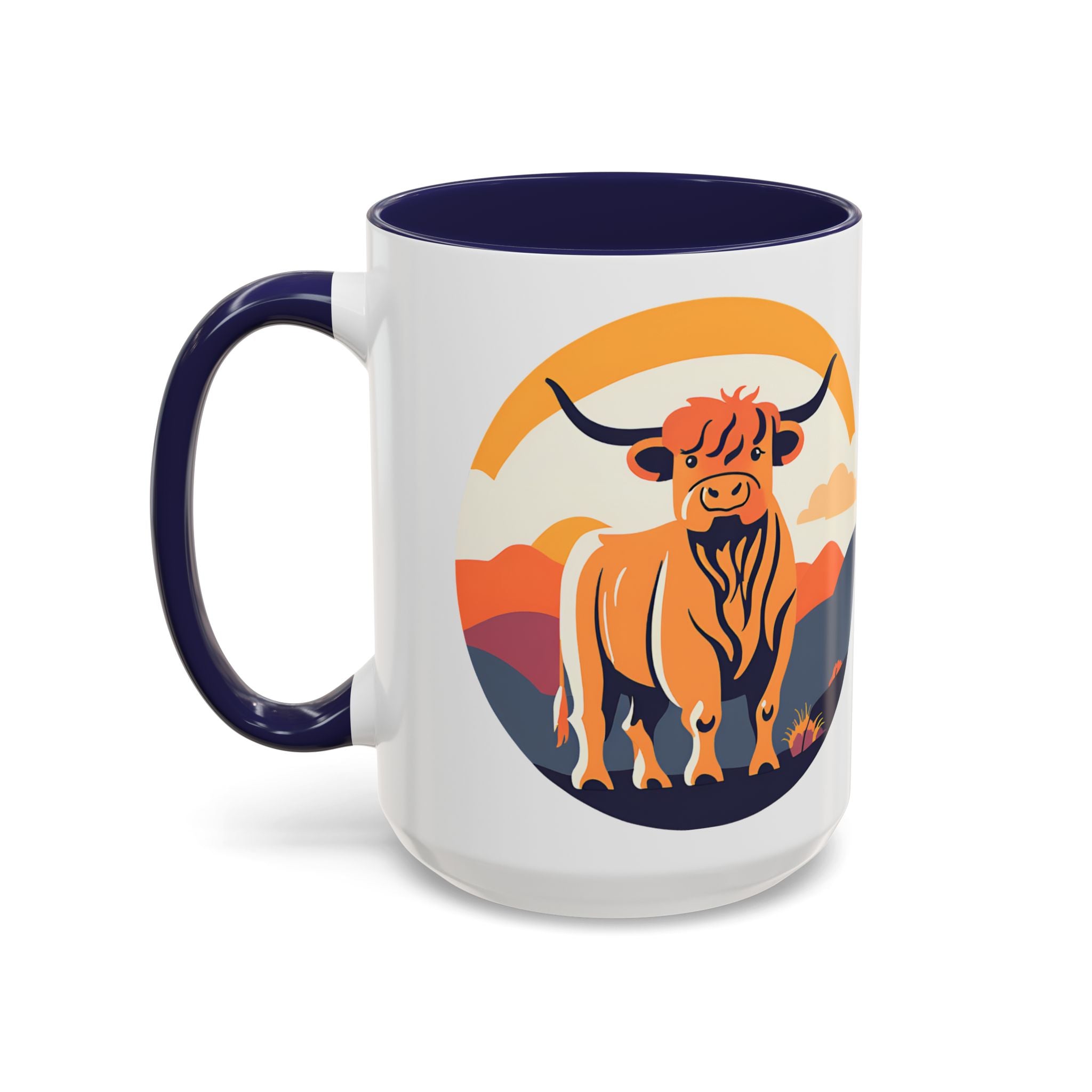 Highland Cow Coffee Mug Retro Sunset Accent 15oz