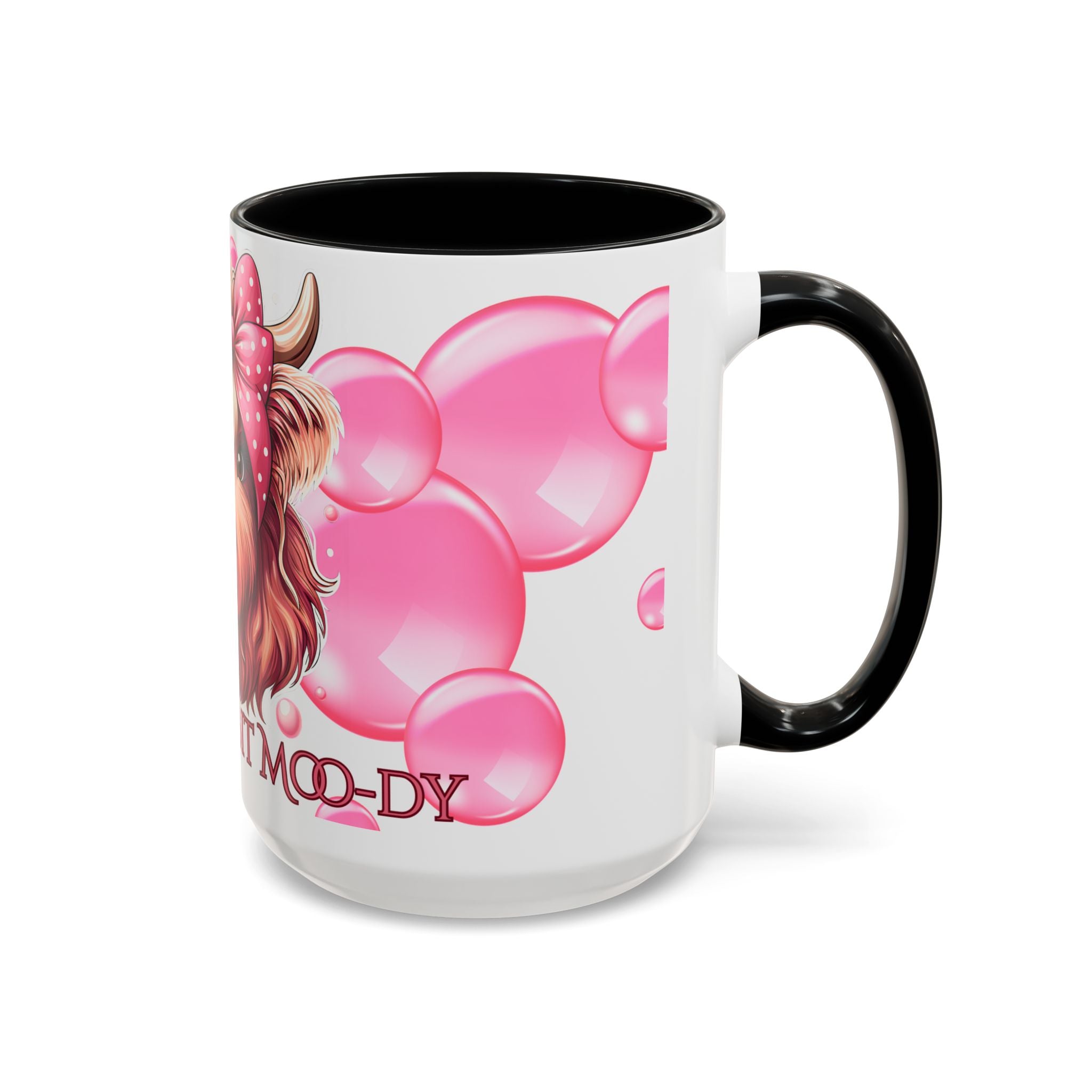 Cute Highland Cow Coffee Mug Saying Just a Wee Bit Moo-dy Pink Accent Mug