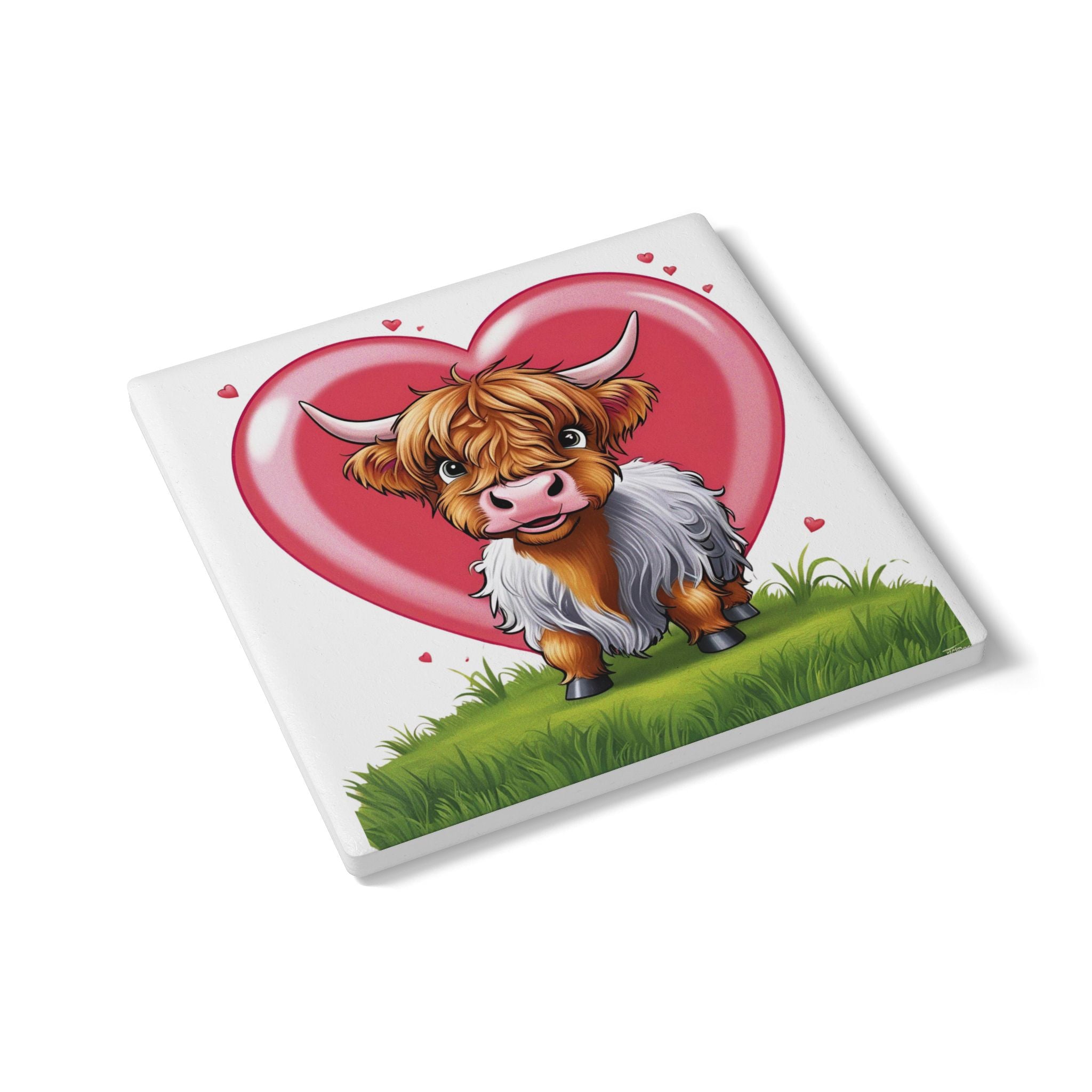 Cute Highland Cow Ceramic Coaster with Heart Design