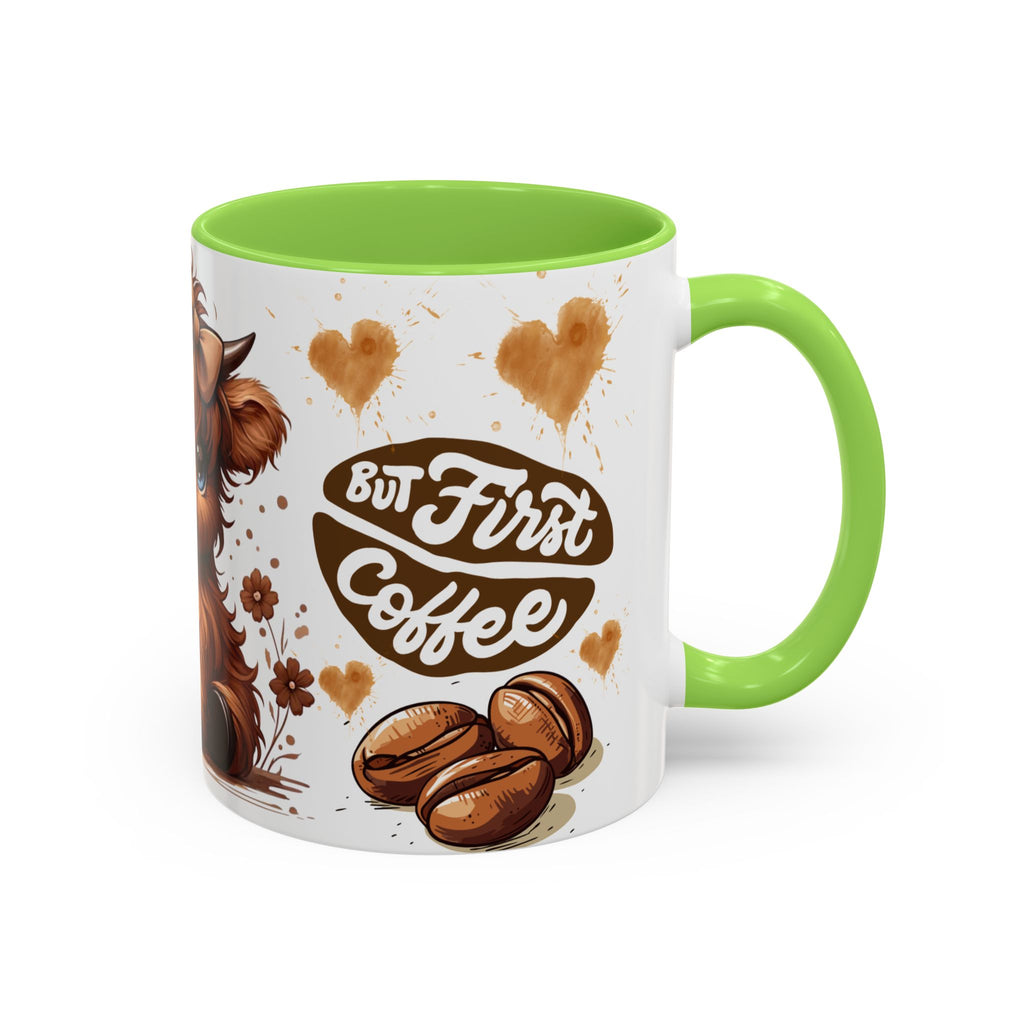 Cute Highland Cow Coffee Mug — "But First Coffee" Colorful Ceramic Mug (11oz/15oz)