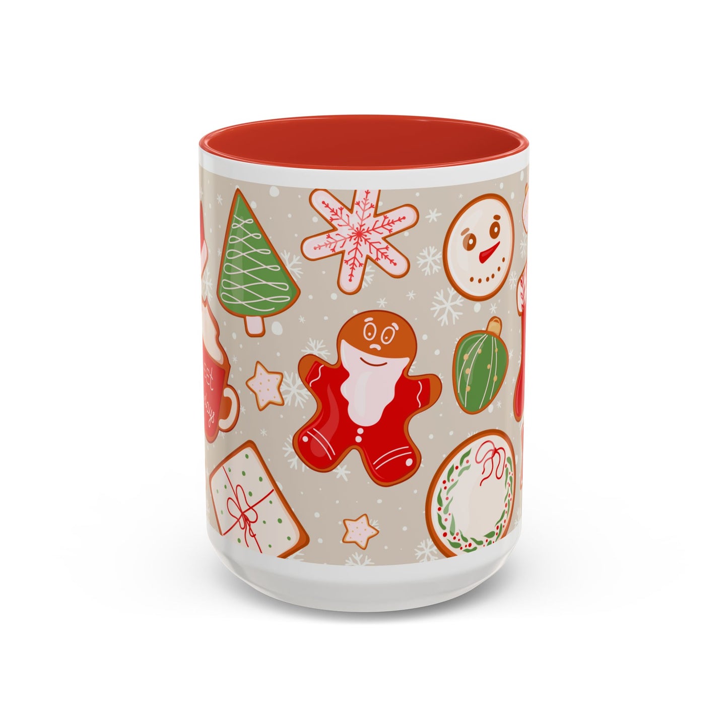 Holiday Cookie Pattern Accent Coffee Mug — Christmas Gingerbread & Ornaments (11/15oz)