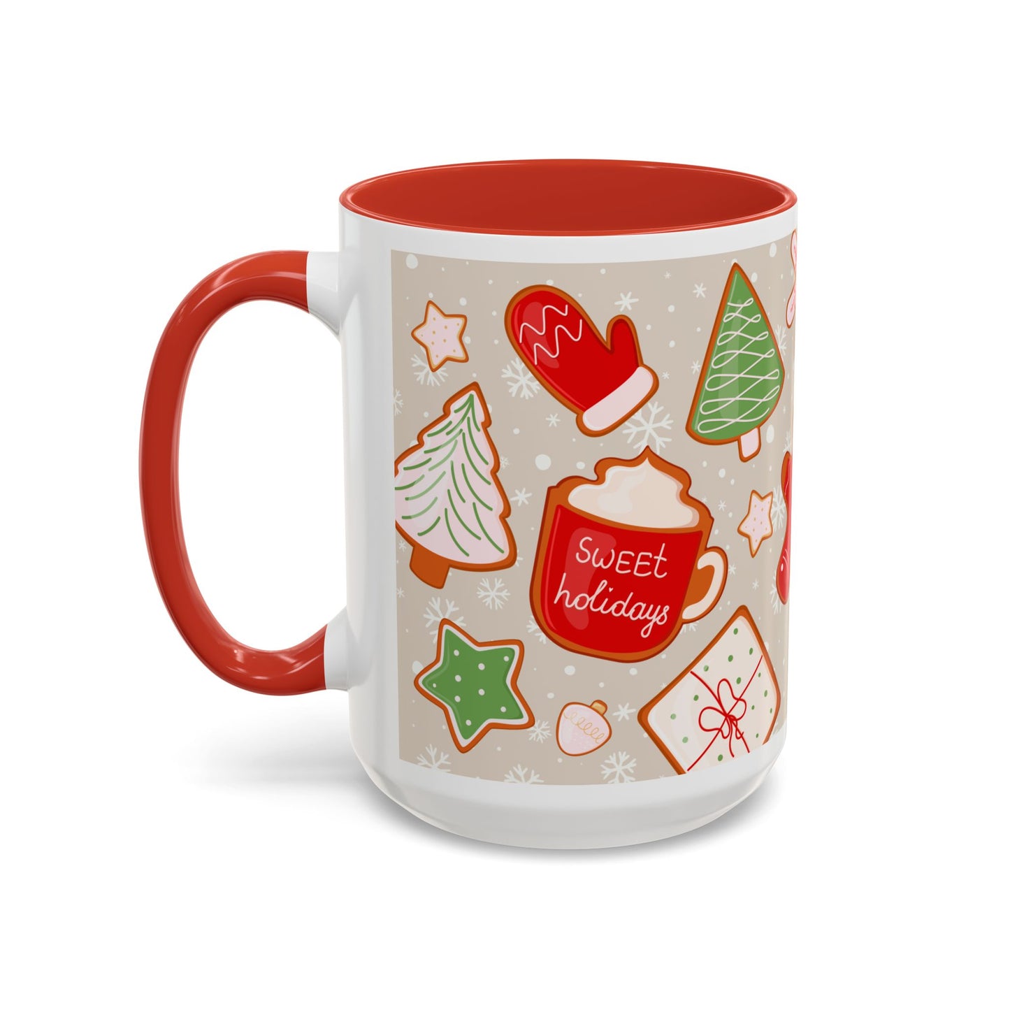 Holiday Cookie Pattern Accent Coffee Mug — Christmas Gingerbread & Ornaments (11/15oz)