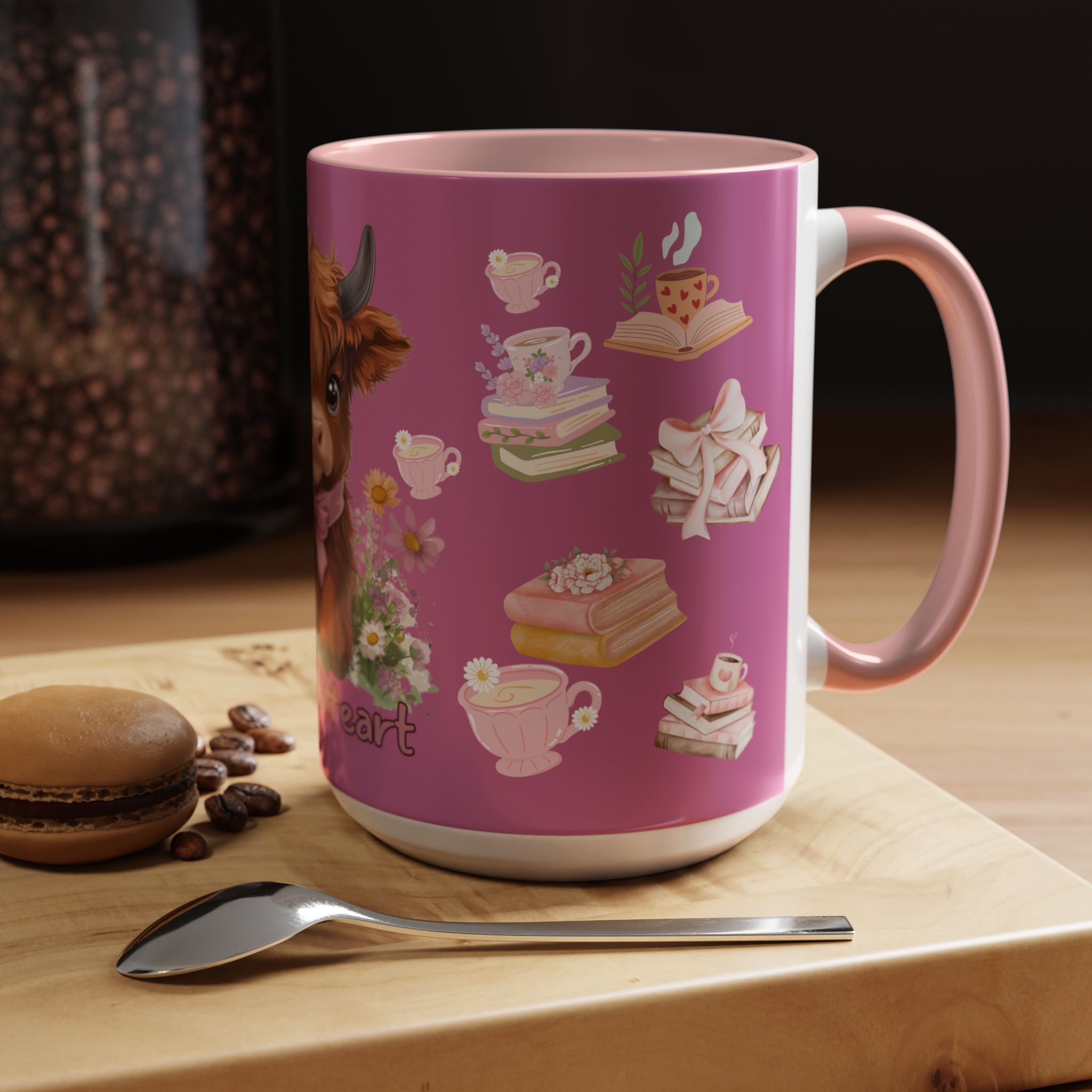 Highland Cow Coffee Mug — Cute Floral Heart Cow Accent Mug (11/15oz)