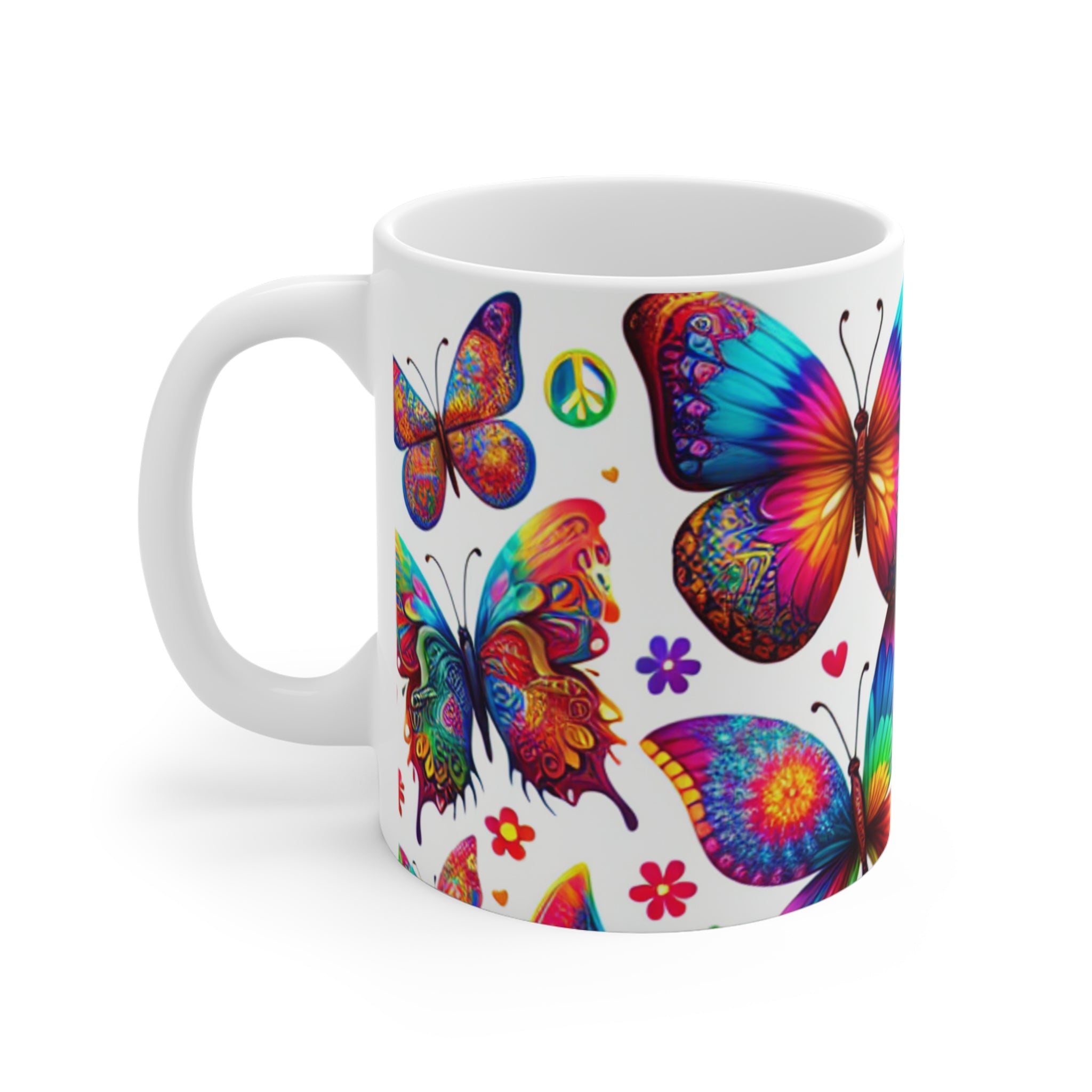 Colorful Butterfly Mug, Bohemian Coffee Cup, Peace and Love Gift, Nature Lover's Mug, Vibrant Tea Mug for Birthdays