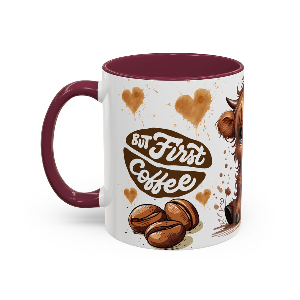 Cute Highland Cow Coffee Mug — "But First Coffee" Colorful Ceramic Mug (11oz/15oz)