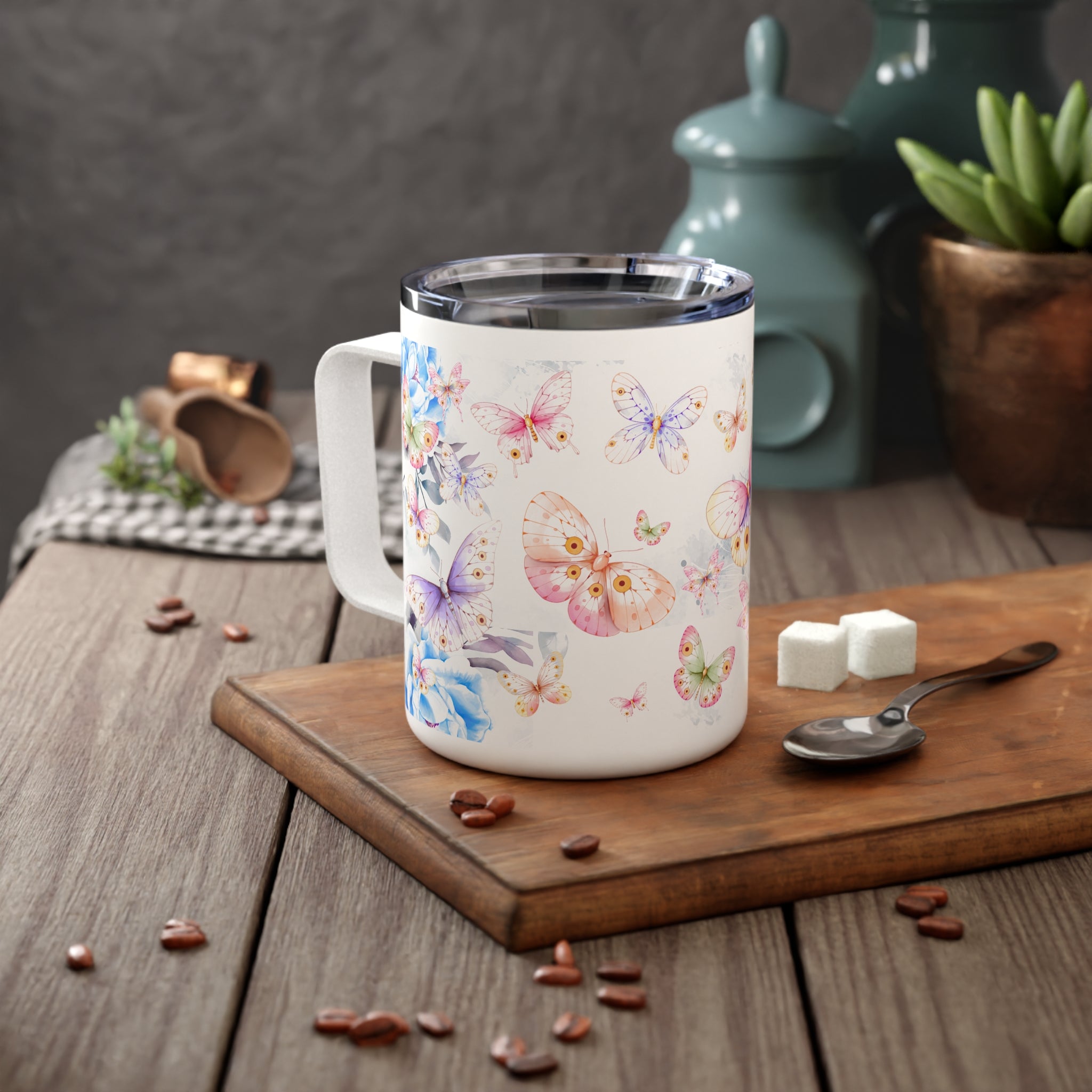 Butterfly Garden 10oz Insulated Coffee Mug — Floral Watercolor Travel Tumbler