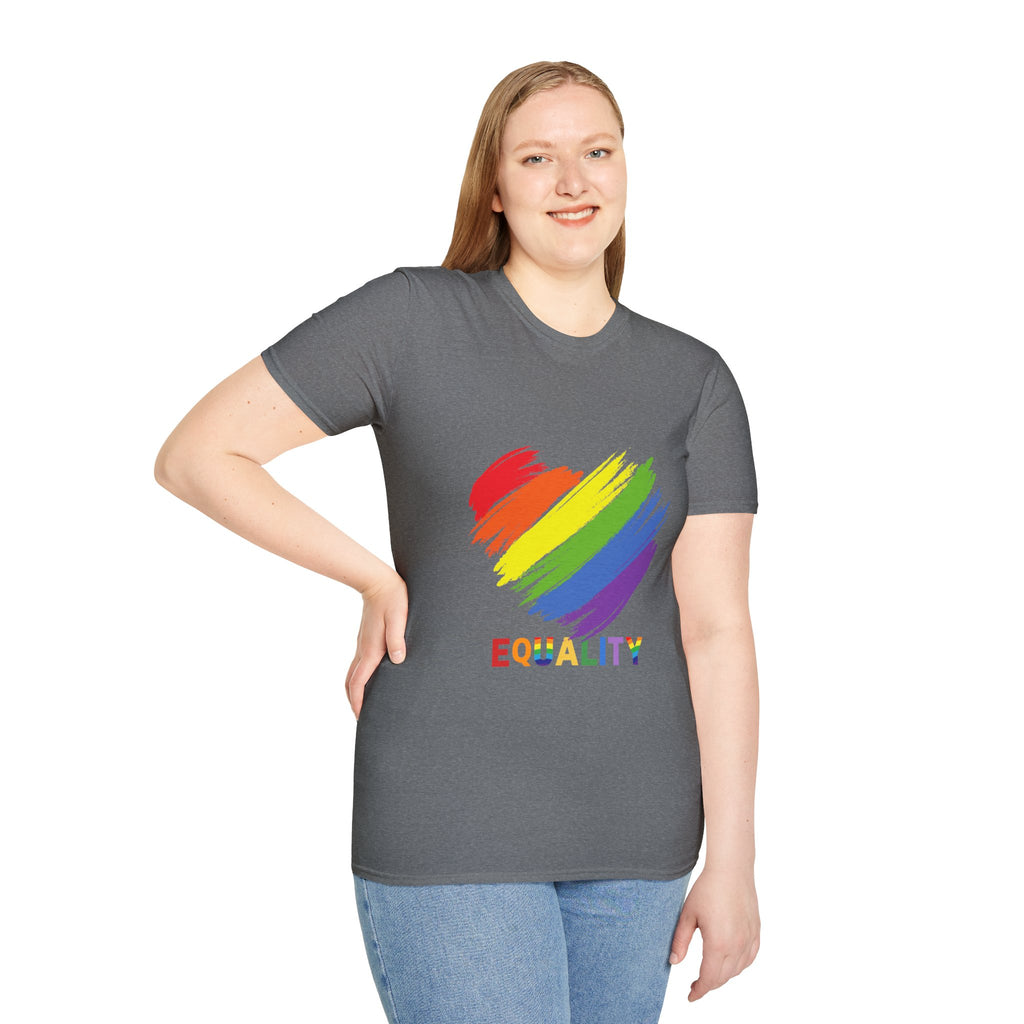 Unisex Equality Pride T-Shirt, LGBTQ+ Apparel, Rainbow Heart Tee, Gift for Allies, Softstyle Anniversary Shirt