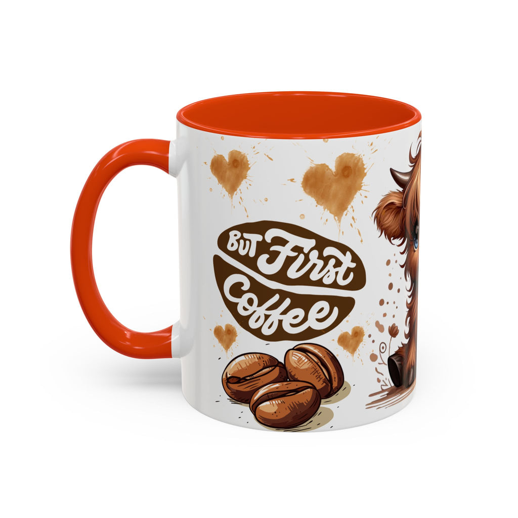 Cute Highland Cow Coffee Mug — "But First Coffee" Colorful Ceramic Mug (11oz/15oz)