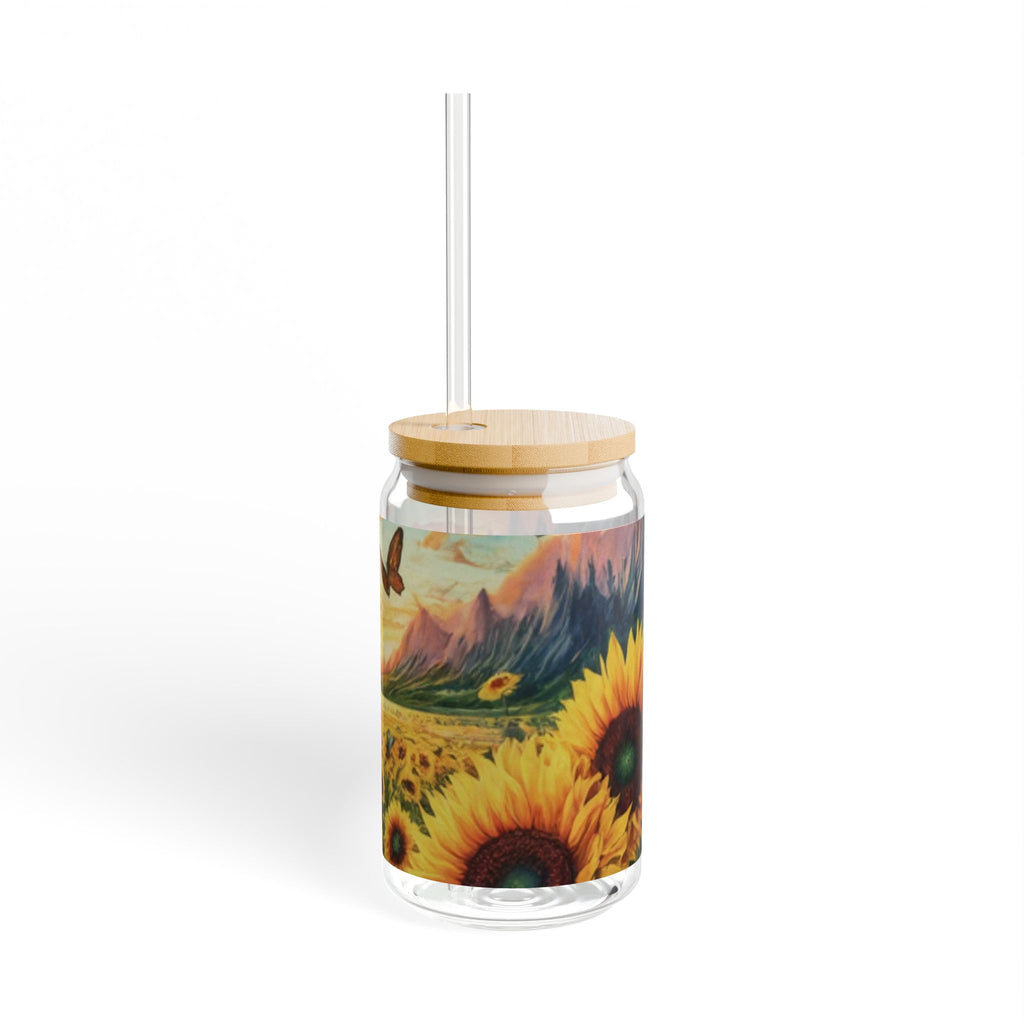 Glass Cup with Straw Sunflower Sunset Theme Sipper Glass, 16oz