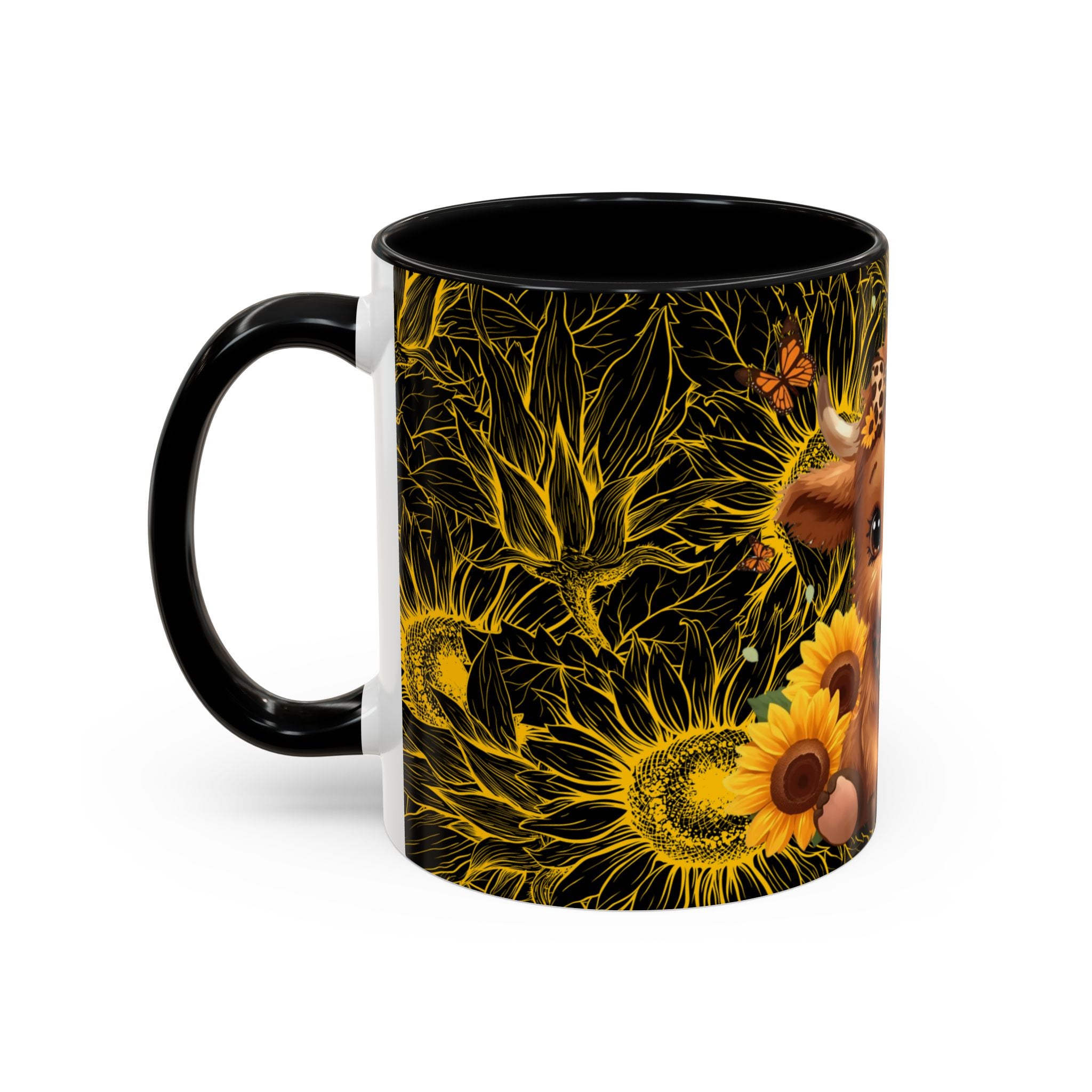 Highland Cow Sunflower Coffee Mug Cute Baby Cow with Sunflowers, Farmhouse Kitchen Gift 11oz and 15oz
