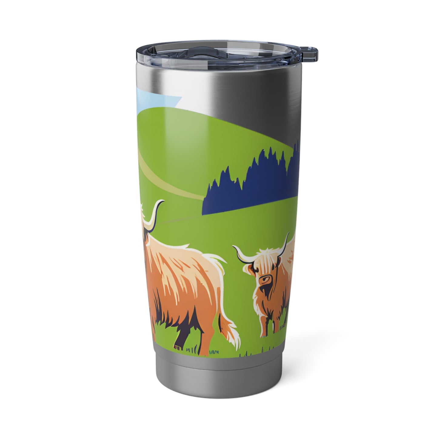 Highland Cow 20oz Tumbler — Insulated Travel Mug with Scenic Mountain Design