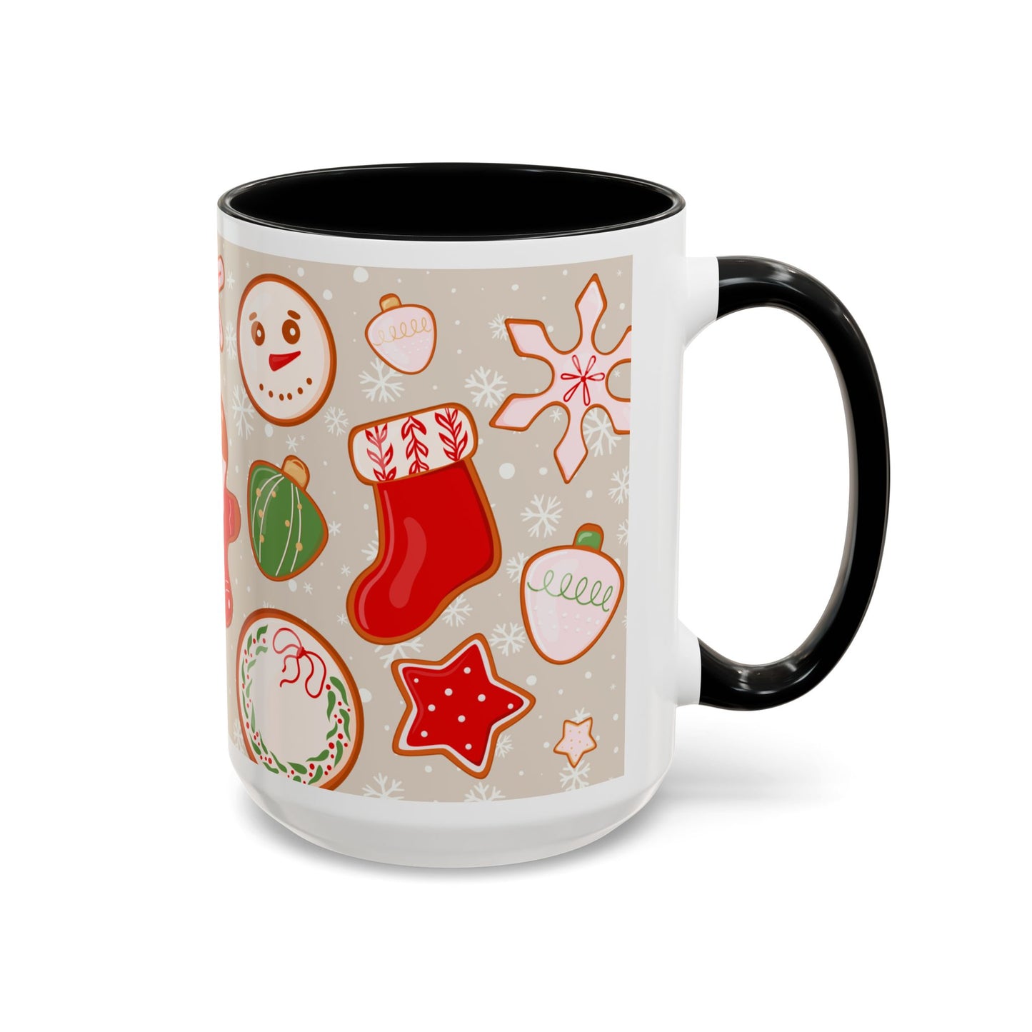 Holiday Cookie Pattern Accent Coffee Mug — Christmas Gingerbread & Ornaments (11/15oz)