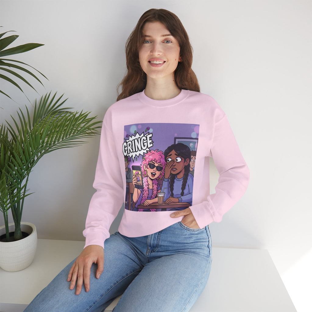 Cringe Friends Illustration Sweatshirt | Cartoon Cafe Scene