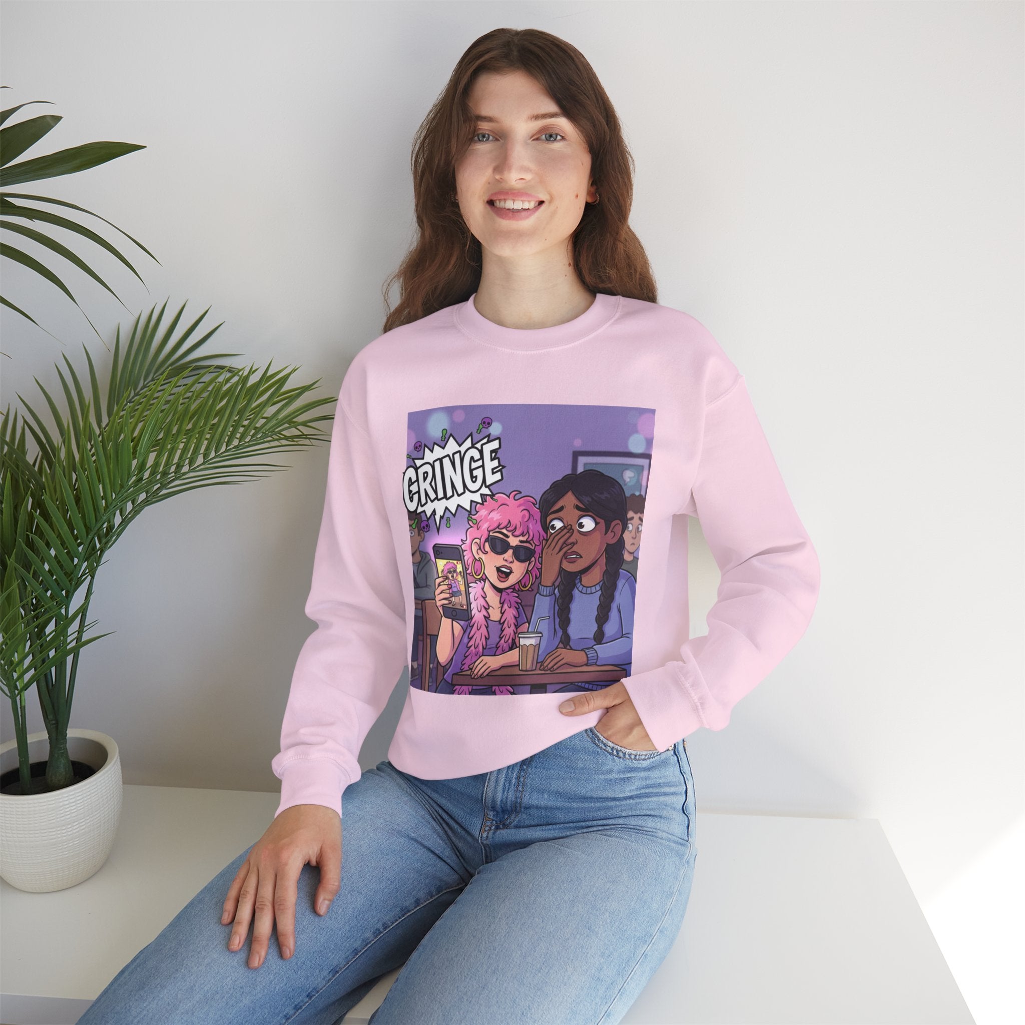 Cringe Friends Illustration Sweatshirt | Cartoon Cafe Scene