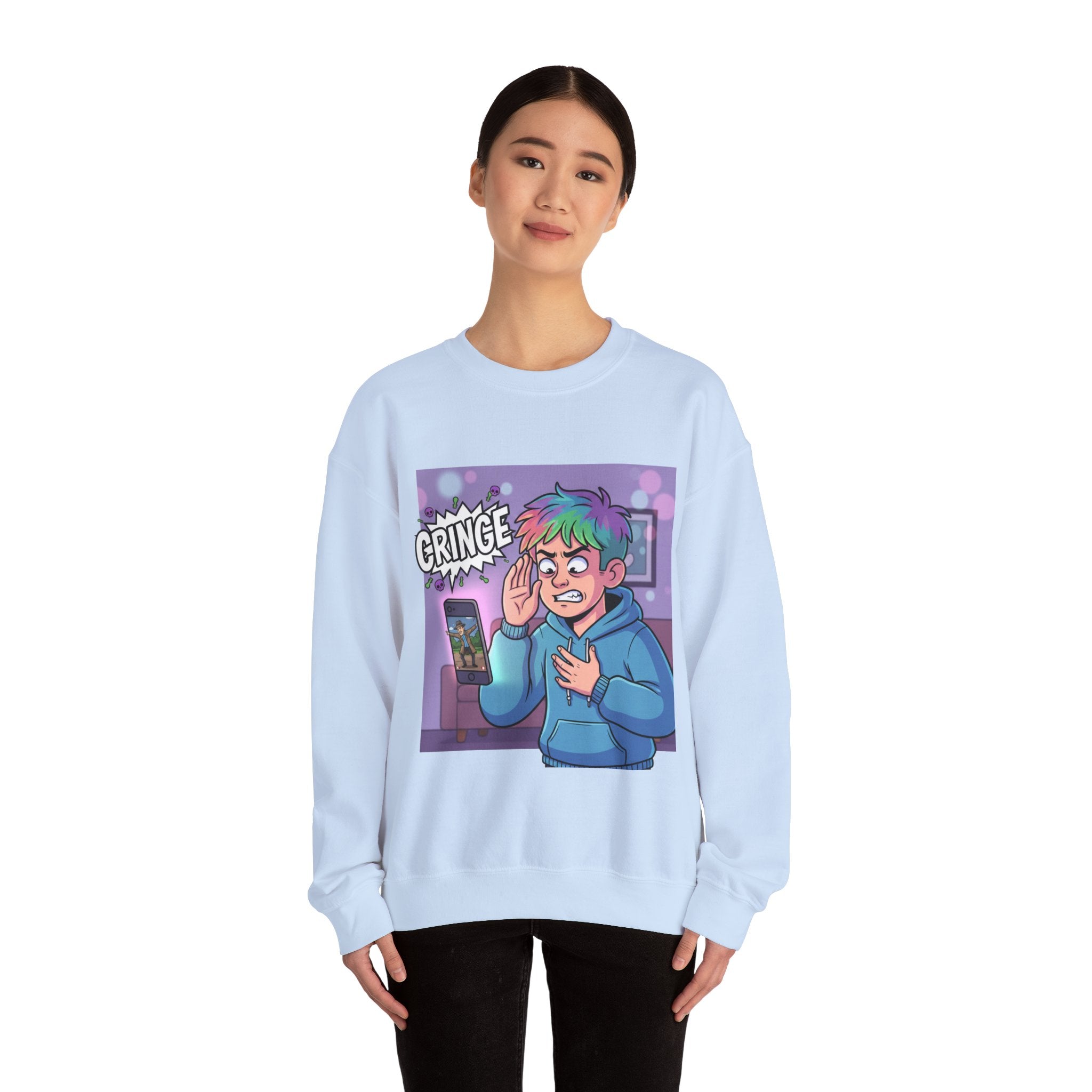 Cringe Reaction Cartoon Boy Sweatshirt | Funny Phone Call Illustration