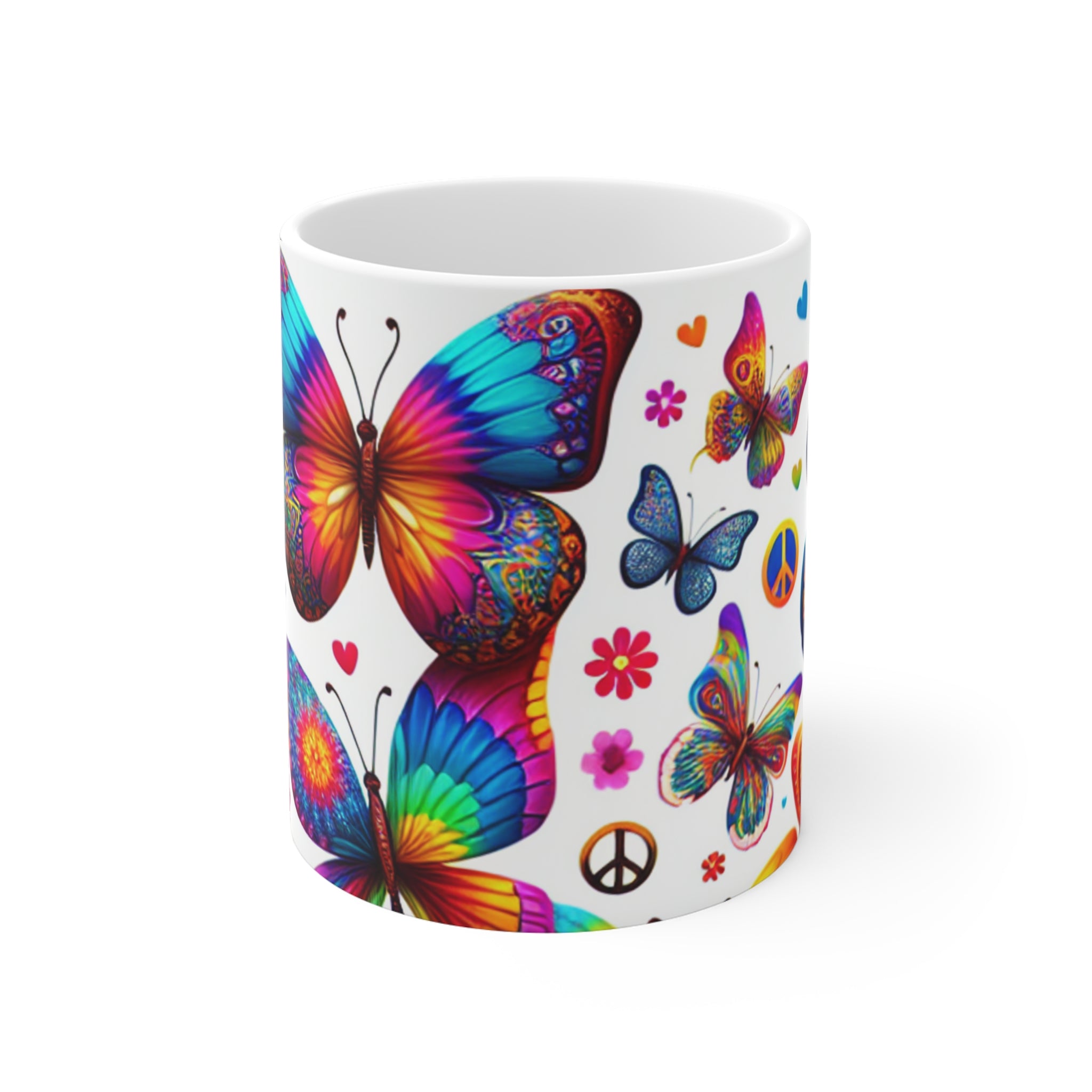 Colorful Butterfly Mug, Bohemian Coffee Cup, Peace and Love Gift, Nature Lover's Mug, Vibrant Tea Mug for Birthdays
