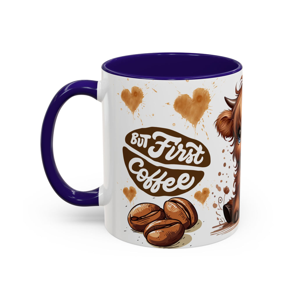 Cute Highland Cow Coffee Mug — "But First Coffee" Colorful Ceramic Mug (11oz/15oz)