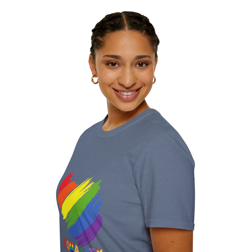 Unisex Equality Pride T-Shirt, LGBTQ+ Apparel, Rainbow Heart Tee, Gift for Allies, Softstyle Anniversary Shirt