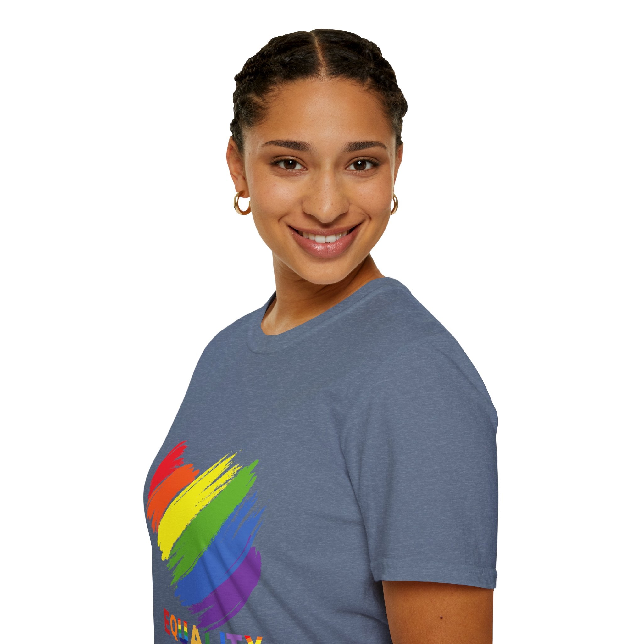 Unisex Equality Pride T-Shirt, LGBTQ+ Apparel, Rainbow Heart Tee, Gift for Allies, Softstyle Anniversary Shirt